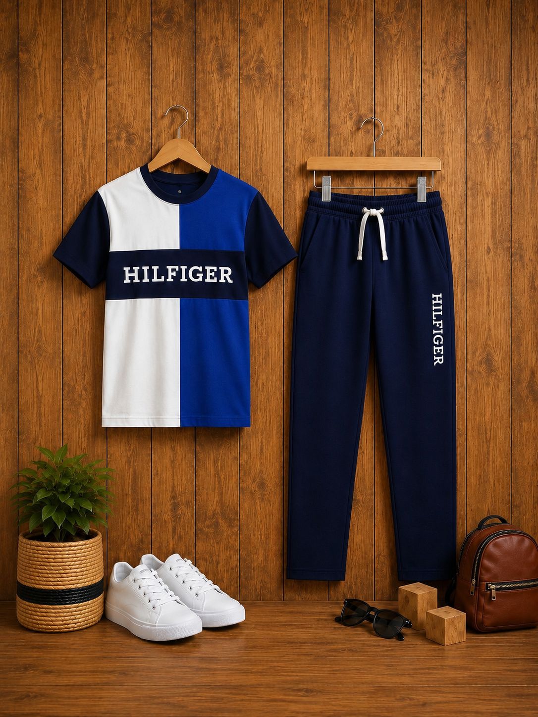 Boys Premium Fancy T-Shirt & Pant Set - White/Royal Blue + Navy