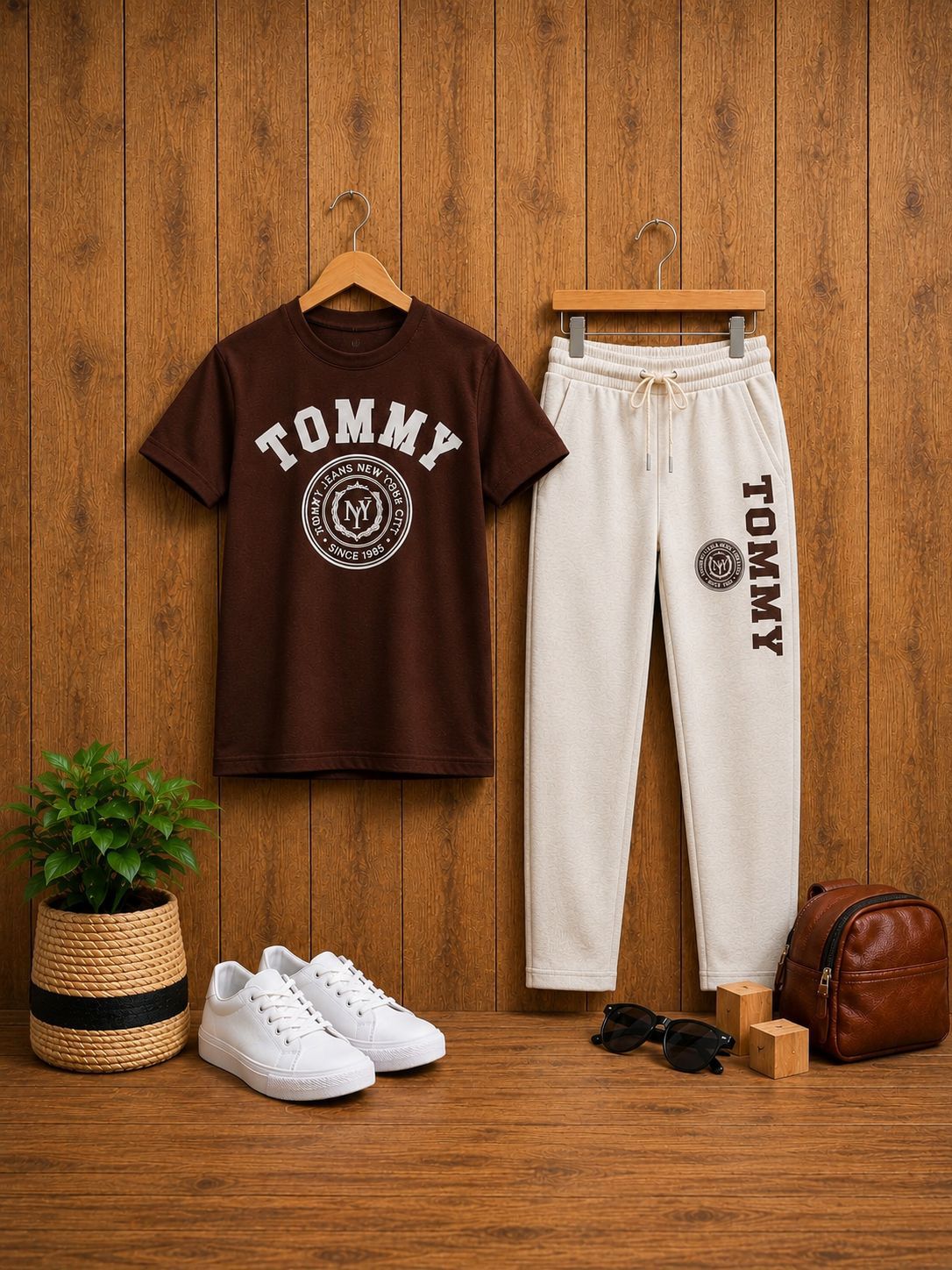Boys Premium Fancy T-Shirt & Pant Set - Brown + Cream
