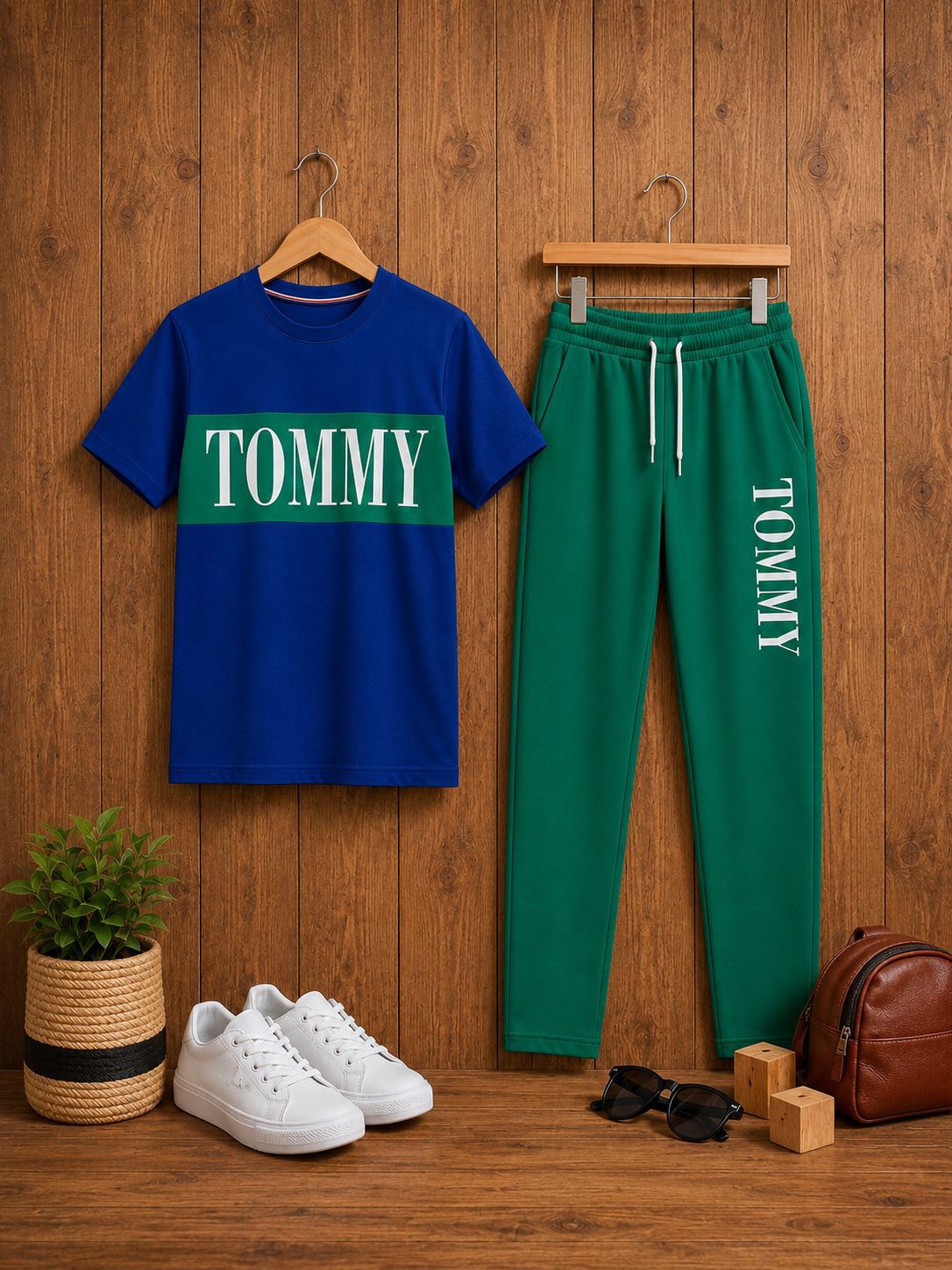 Boys Premium Fancy T-Shirt & Pant Set - Blue + Green