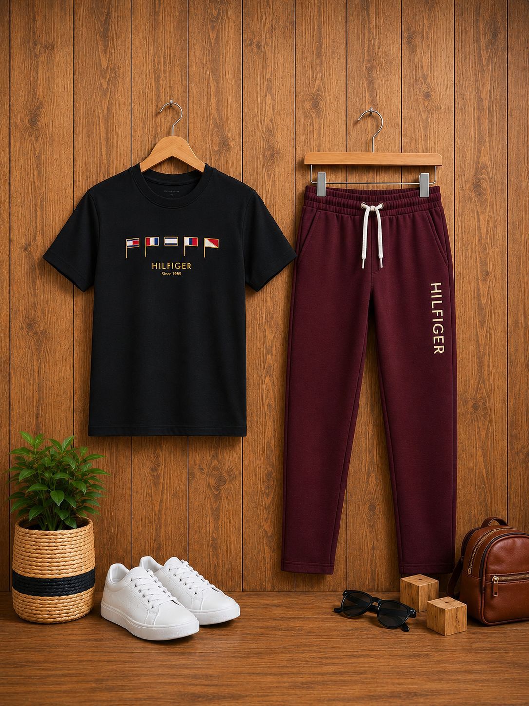 Boys Premium Fancy T-Shirt & Pant Set - Black + Maroon